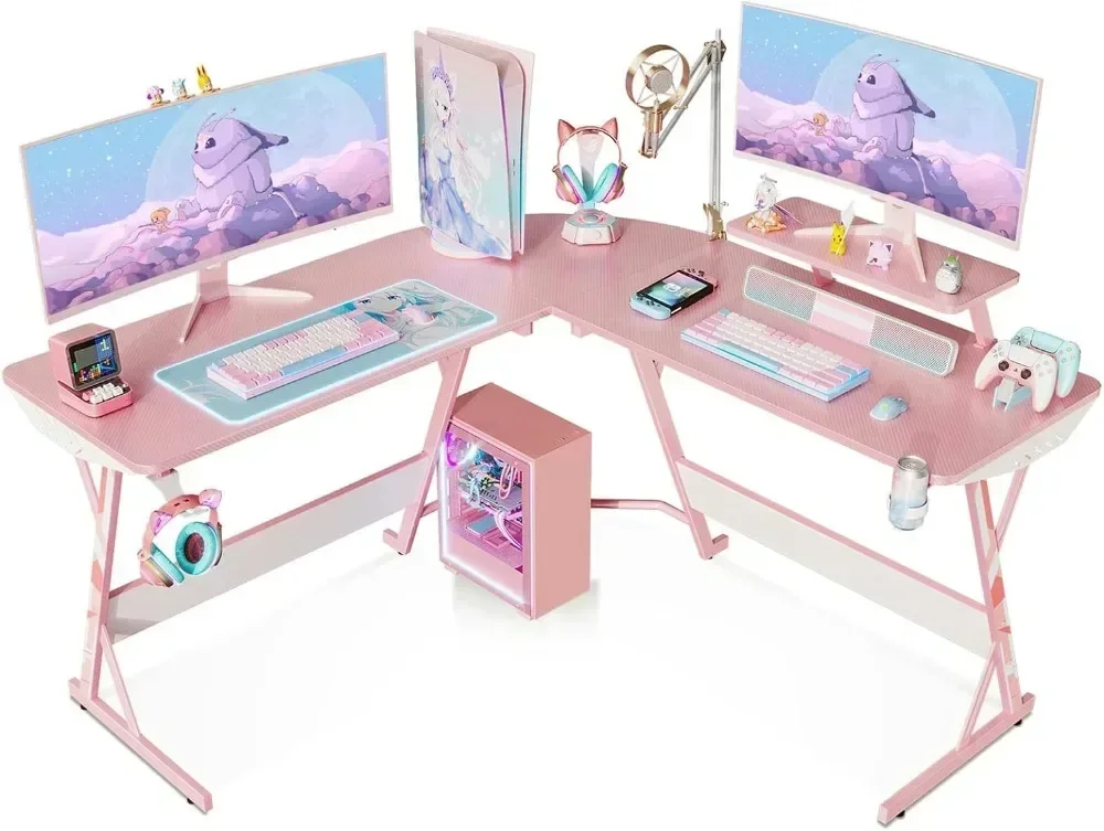 simple Pink L Shaped Gaming Desk, 51 Inch Gamer Desk Gaming Table with Carbon Fiber Texture, Corner Computer Desk L Shape