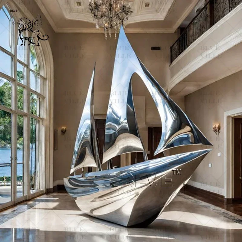 

BLVE Large Size Modern Art Outdoor Decoration Ship Statue Metal Art Abstract Stainless Steel Sailboat Sculpture