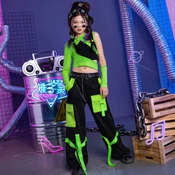 Traje de baile de Jazz para niños, trajes de Kpop para escenario, pantalones de Jogger superiores verdes, ropa de Hip Hop para niños, Ropa de baile callejero, XS7045