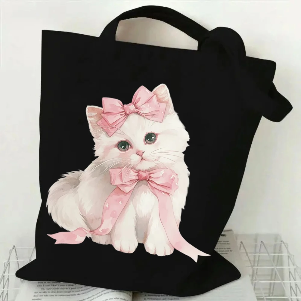Pink Bow Kitten Canvas Tote Bag, Cute Cat Graphic Reusable Shopping Bag, Casual Aesthetic Tote for Women Girls  Womens Bag