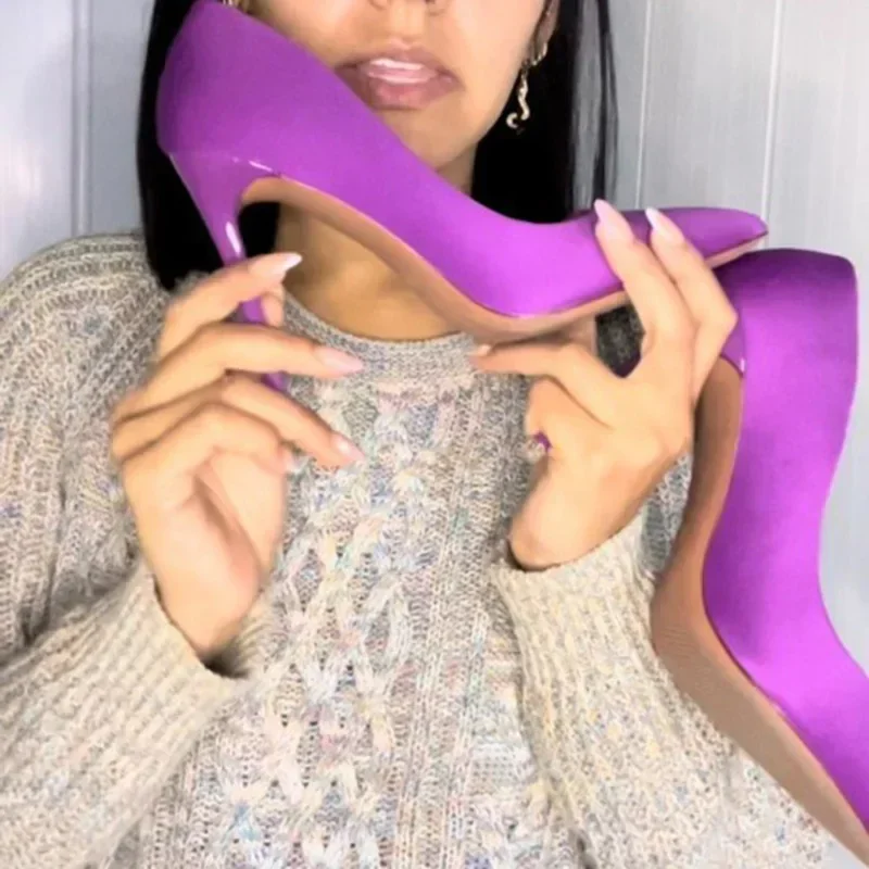 Plus Size Women 7.5cm 10.5cm High Heels Fetish Concise Party Pumps Lady Vintage Purple Satin Low Heels Comfortable Career Shoes