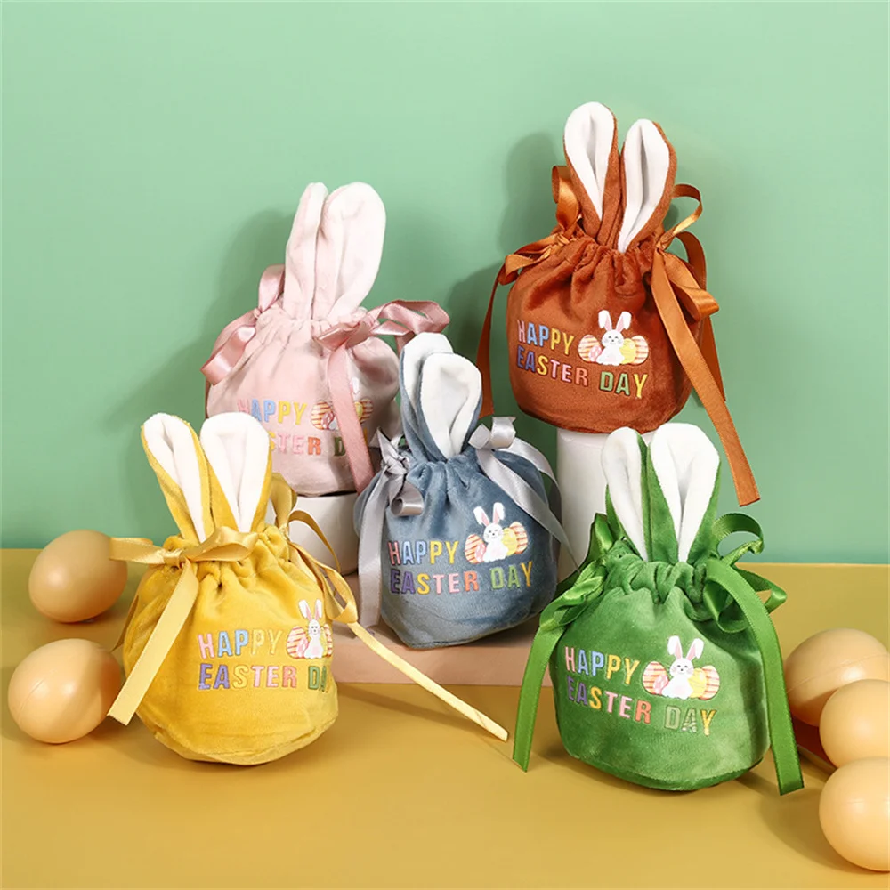 

1PC Easter Bunny Bag Velvet Rabbit Ears Bag Easter Party Candy Bags Gift Bag Color Printing Happy Easter Day Bag