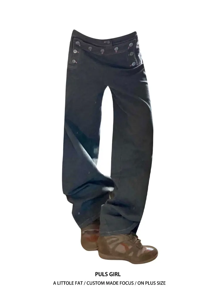 

plus Size American Retro Washed Deconstructed Patchwork Multi-Button Denim Pants Women Loose Slim Wide Leg Jeans Casual High ...