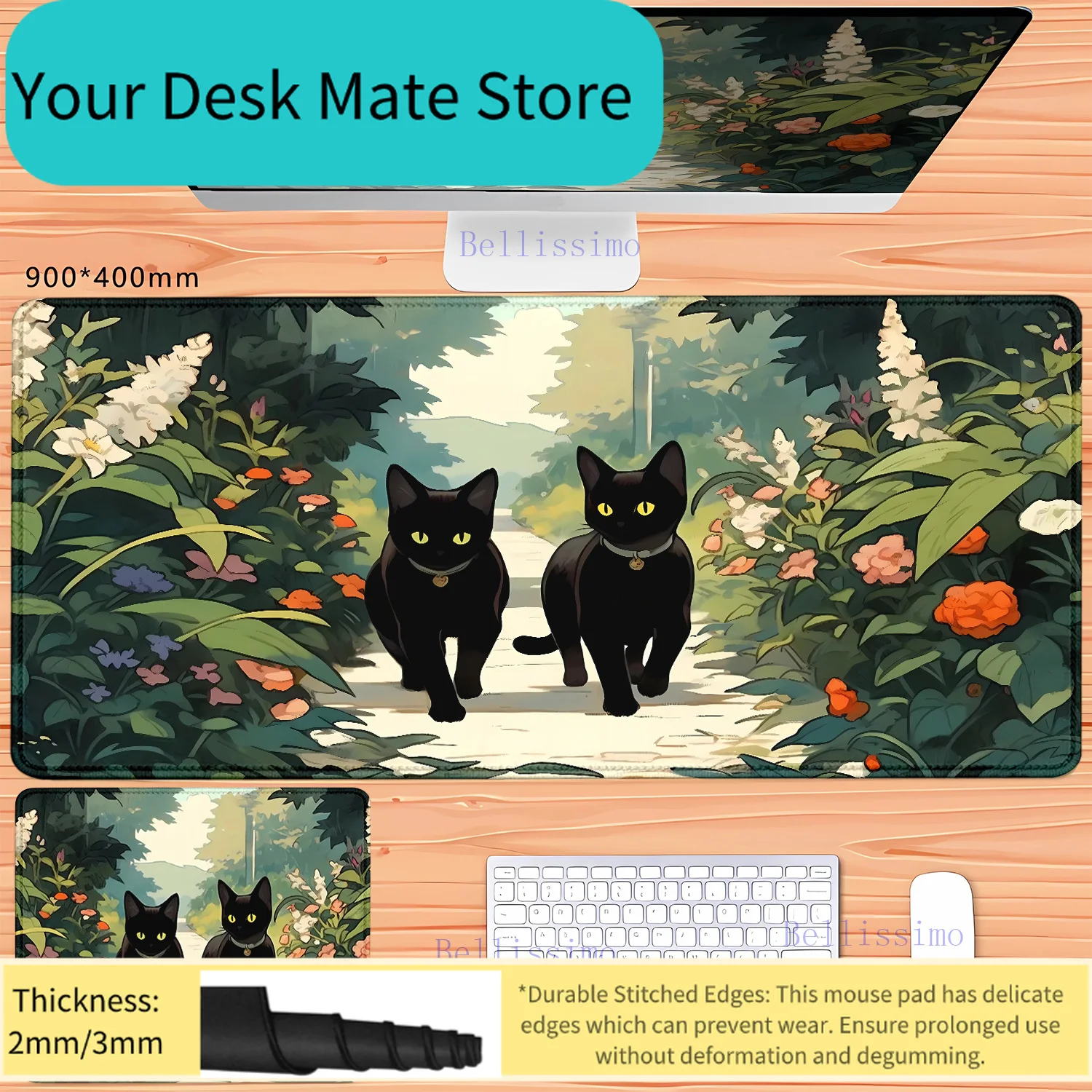 Starry Night Cat Extended Gaming Mouse Pad Anime Style Desk Mat Non-Slip Keyboard Pad