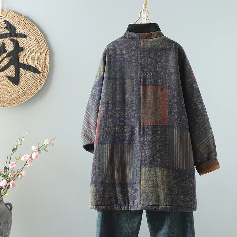 Warm Cotton Jaet Women's Retro Button Long Sve Straight Cut Thermal Cotton Clothes Stand Collar Ket Cotton Coat 2025