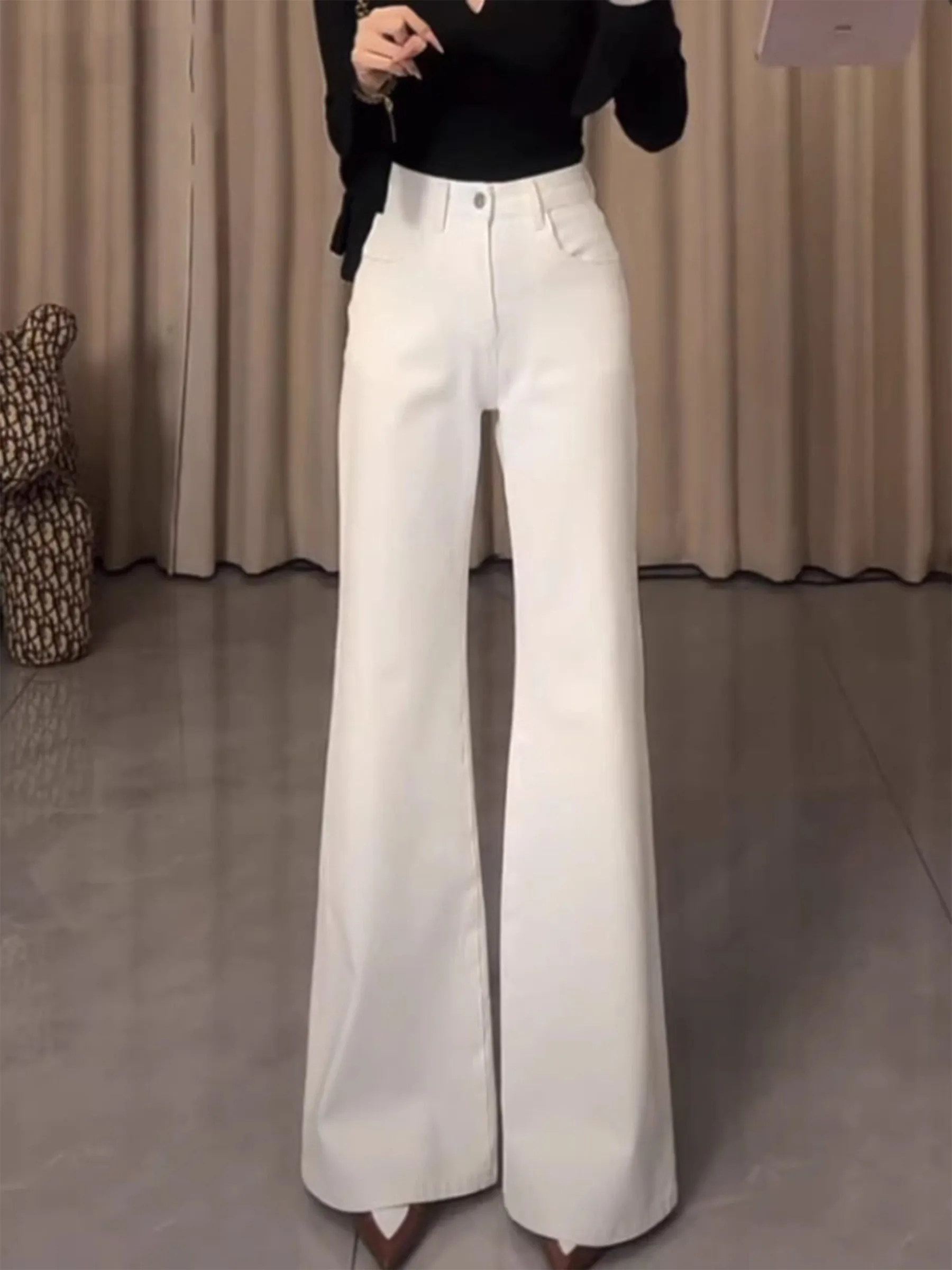 

White American High Waist Bell Bot Jeans Women's Slim Fit Spring New Elastic Floor Length Bell Pants Cotton Stretch Denim