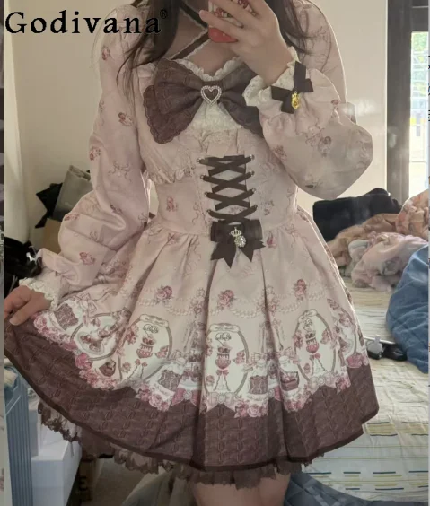 

Large Size Sweet Japanese Long Sleeve Square Neck Short Dress Fashion High Waist A-line Age Reduction College Girl Print Dresses