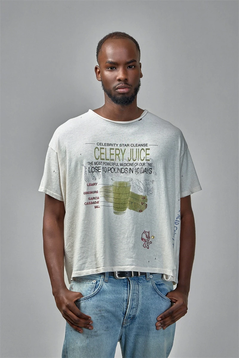 New Vintage PALY 26SS Diamond Pattern Printed Washed Short Sleeve High Street Casual Loose Cotton Ronud Neck T-shirt Men Women
