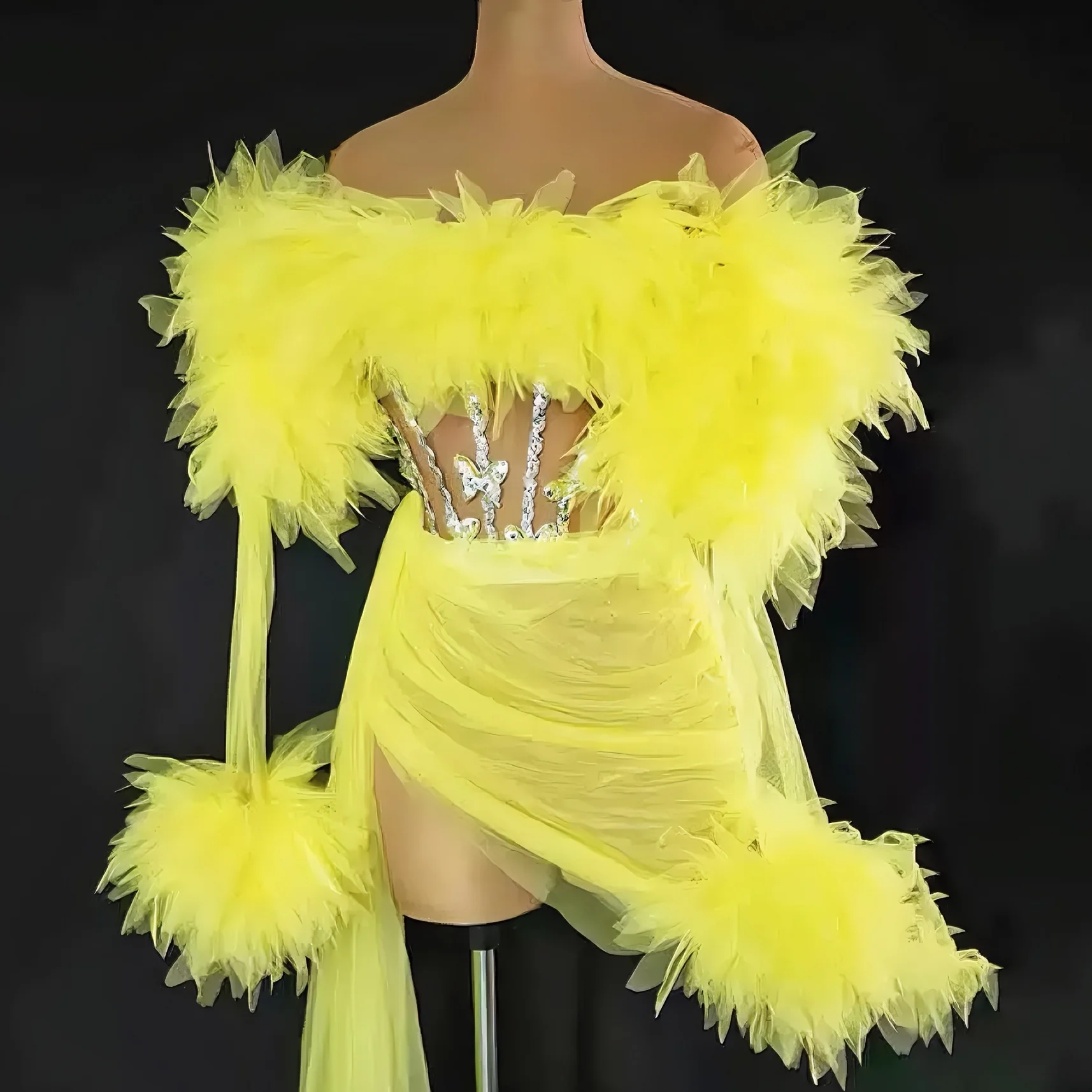 Yellow Ruffles Mesh Sexy See-Through Strapless Mini Sheath 2Piece Set Evening Party Dress Bar Nightclub Singer Dancer Stage Wear