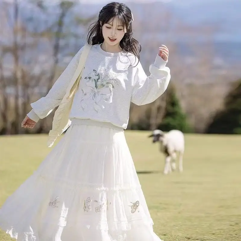 Mori menina doce bordado renda emenda saia primavera nova cintura elástica a linha saias fada versátil y2k faldas Юбка