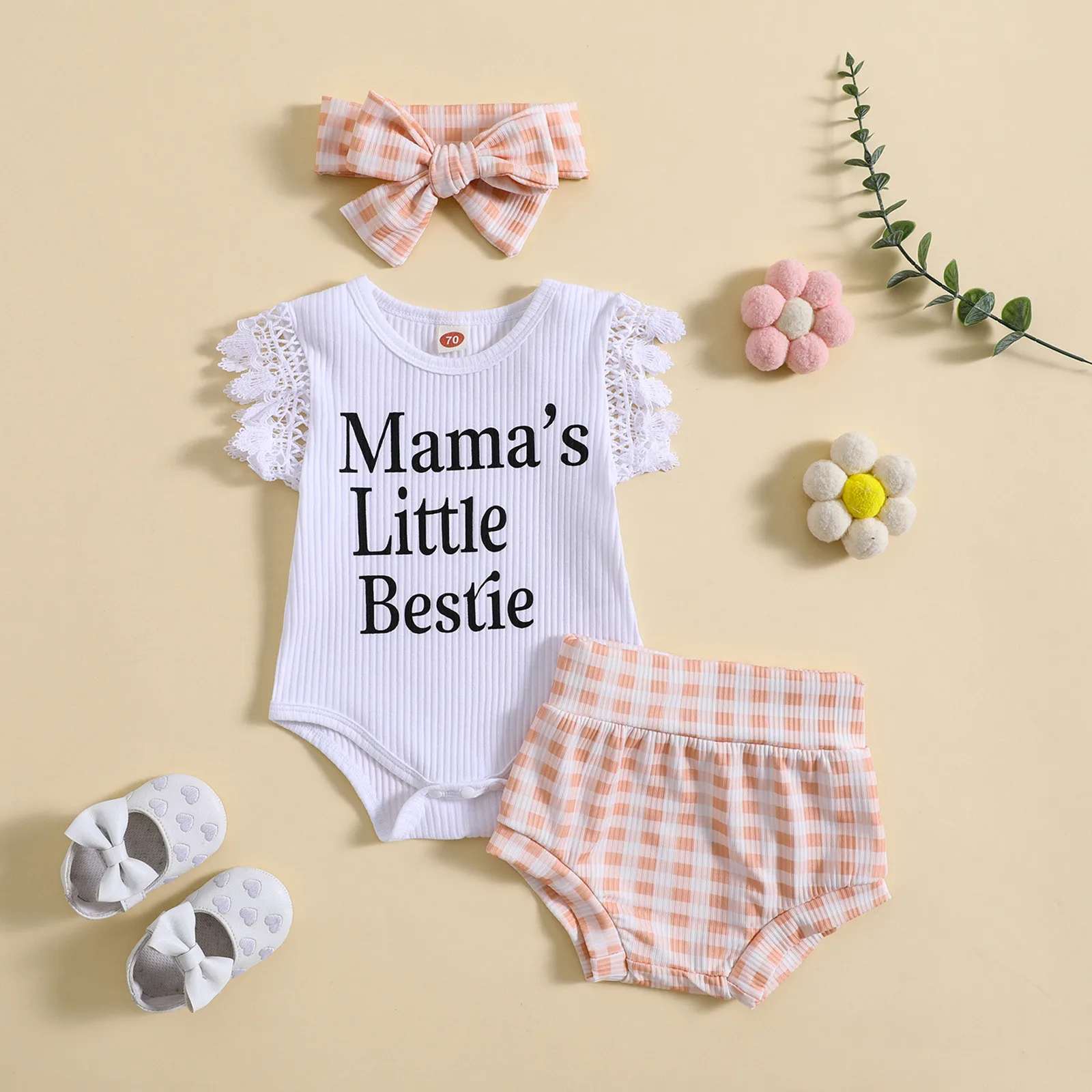 3Pcs Infant Girls Clothes Sets Summer Short Sleeve Letter Ribbed Romper Plaid Shorts Headband Newborn Baby Clothes 3 6 12 Months