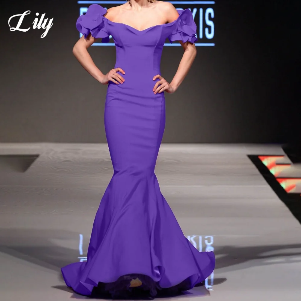 

Lily Purple Elegant Formal Gown Off the Shoulder 3D-Flowers Prom Dress Satin Mermaid Evening Dresses robes de soirée Customized