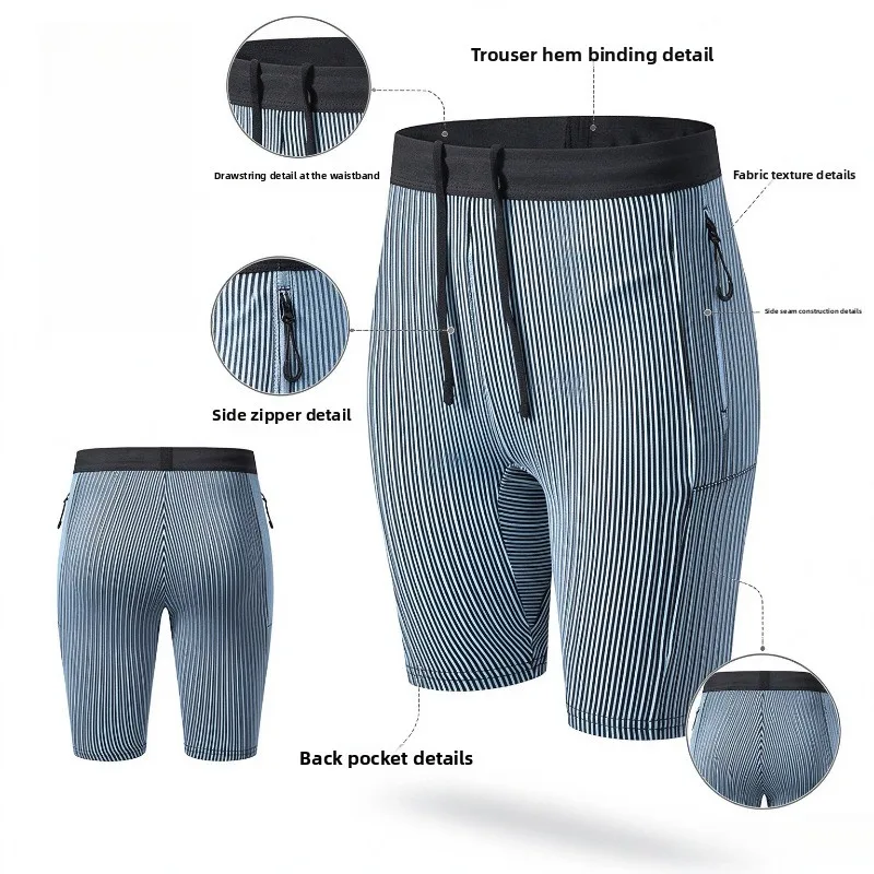 Women Striped Sports Shorts Drawstring Waist Zipper Pockets Quick Dry Tight Shorts for Running Fitness Training