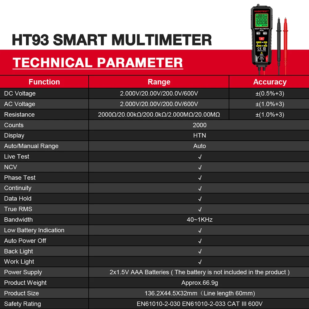 HT93 2000 liczy cyfrowy multimetr z automatycznym zakresem wysokiej precyzji Tester rezystancji AC/napięcie prądu stałego Tester NVC