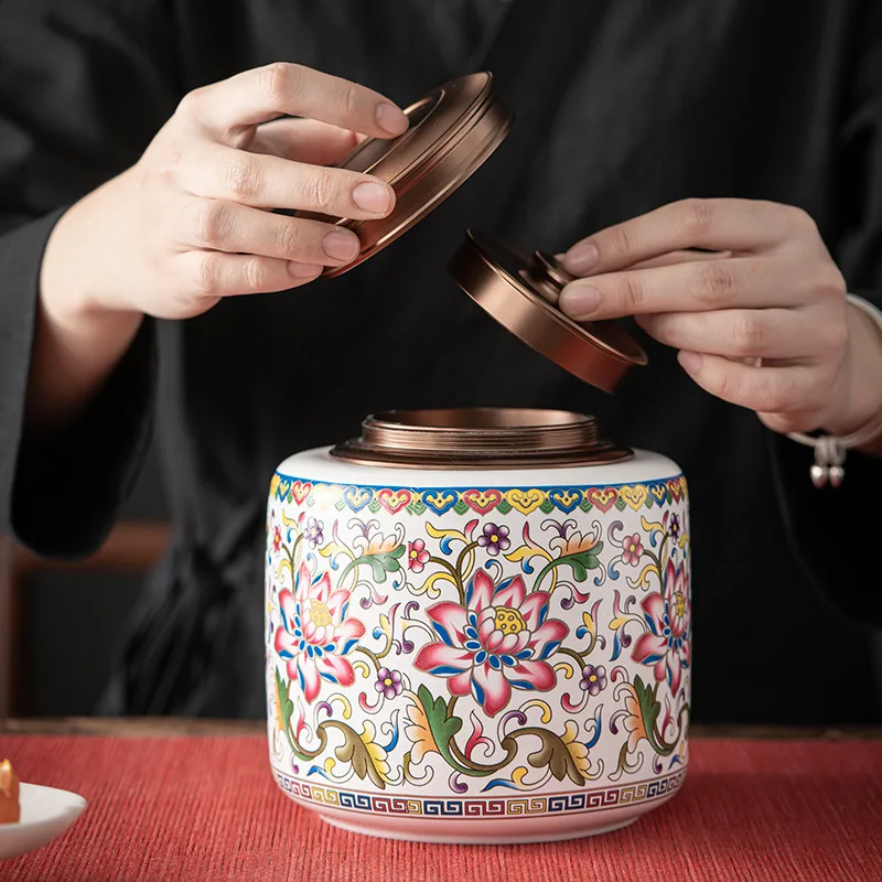 High-grade Painted Tea Pot Ceramic Double Tin Lid Candy Sealed Pot Large Pu'er Tea Box Kitchen Storage Container Exquisite Gift