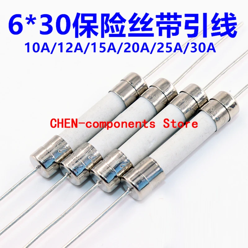 10pcs/lot 6*30mm Ceramic fuse with pins 10A 12A 15A 20A 25A 30A