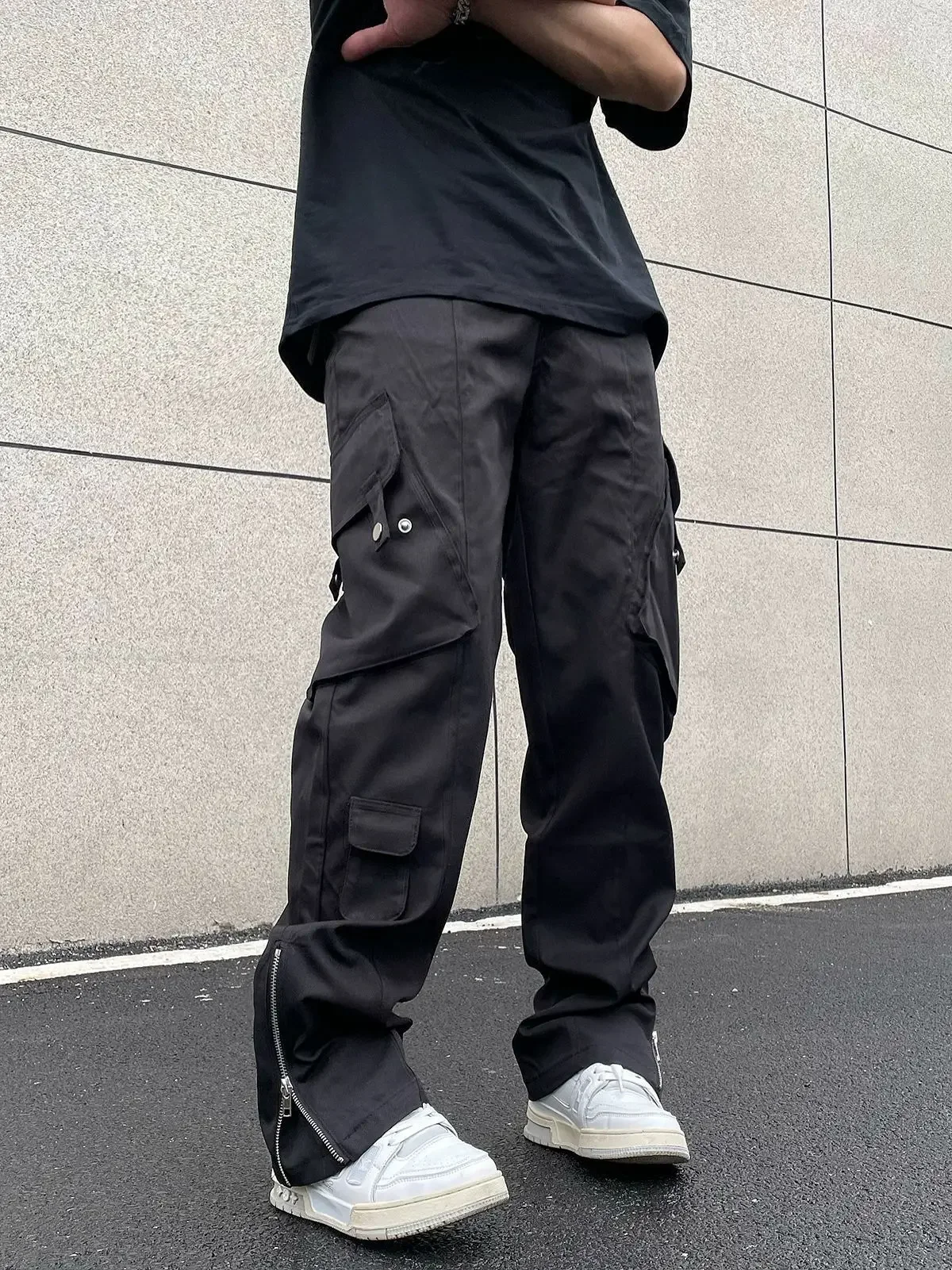 2023 Men's Loose-fit Straight-leg Casual Trousers American Style High Street Vibe Zip-up Cargo Pants Fog Wind