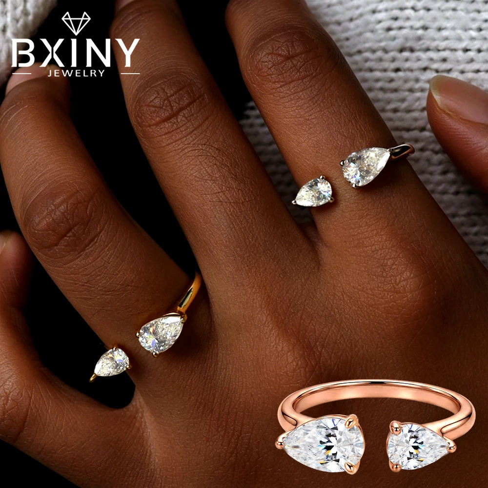 BXINY 2-Stone Pear Cut Moissanite Open Ring 925 Sterling Silver for Women Double WaterDrop Diamond Wedding Band Gift Jewelry GRA