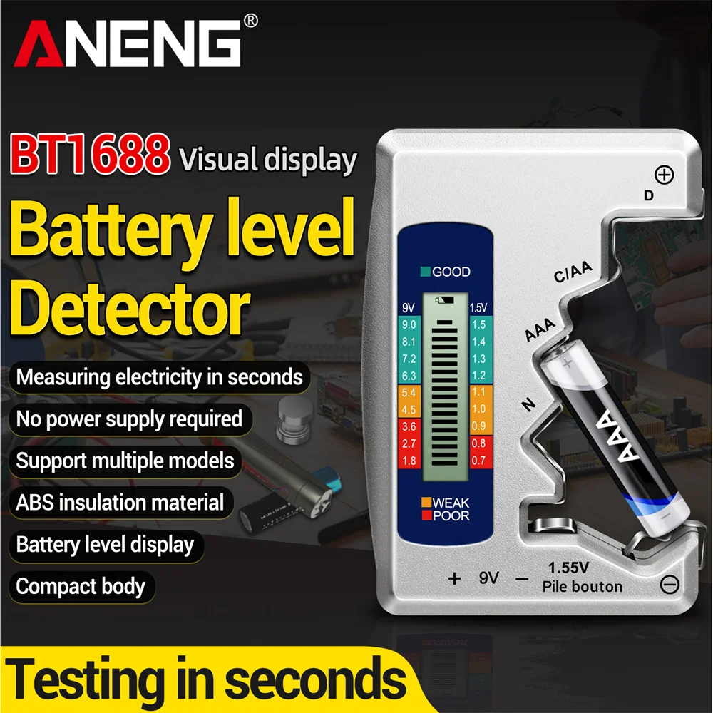 

Цифровой тестер батареек ANENG BT1688 для типов C, AA, AAA, D, N, 9V, 1.55V, кнопочных батареек, с ЖК-дисплеем, проверка емкости, детектор, измерение емкости