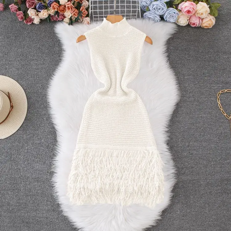 Women Solid Color Sleeveless Knit Bodycon Mini Dress Turtleneck Fringe Hem Fitted Gown Elegant Casual Outfit Dating & Night Out