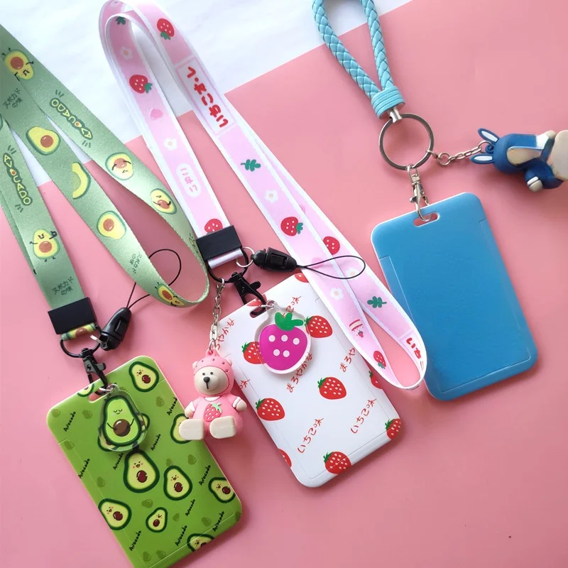 Cartoon Credit Card Holder Cute Fruit Print Nurse Work ID Card Badge Holder Bus Card Holder Lanyard for Keys Cell Phone Rope