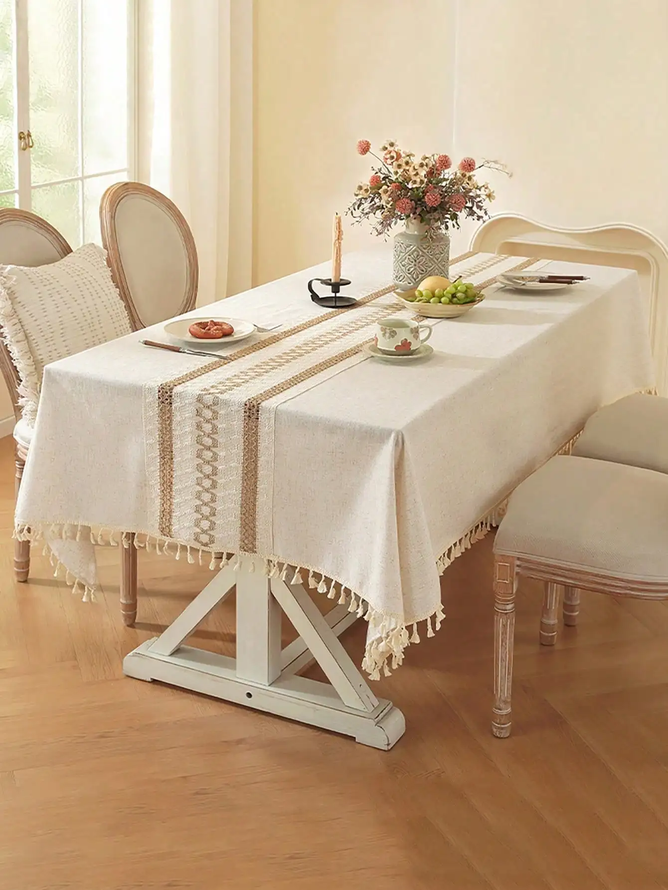 

1pc Cream Linen Tablecloth with Tassels & Woven Stripe Runner, Rectangular for Dining Table Decor