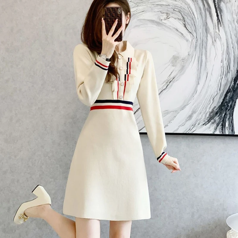 Autumn Winter New Elegant Fashion Patchwork Knitting A-line Dress Female Long Sleeve Waist Mini Robe Women Temperament Vestidos