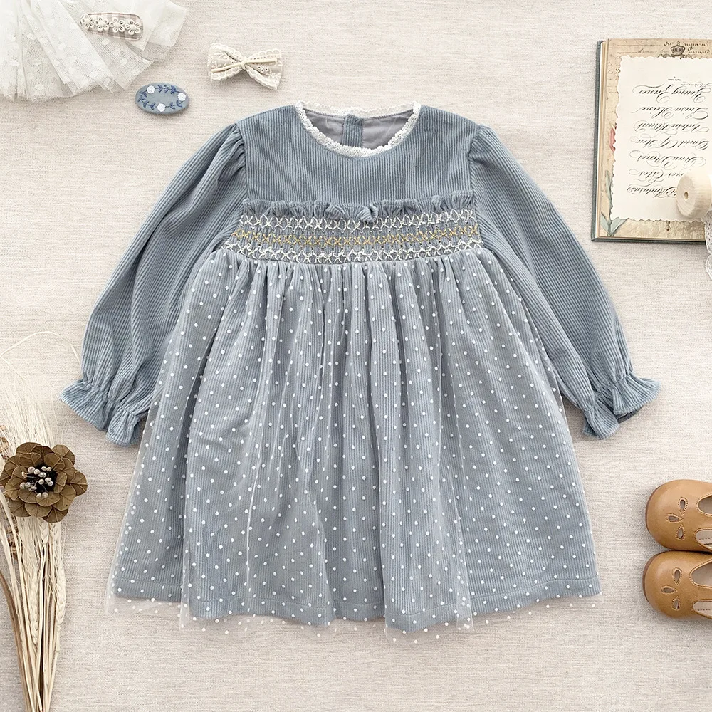 2023 New Spring Toddlers Girls Princess Dresses Lace Polka Dots Voile Toddlers Kids Corduroy Birthday Ball Gown Children Clothes