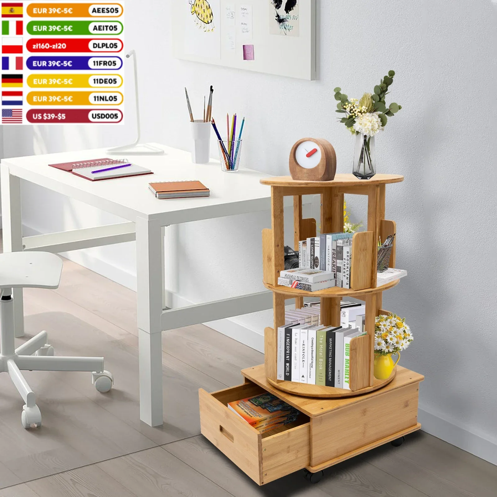 2 Tiers 360° Rotation Multi Storage Table, Side Table with Rolling Wheels, Removable Swivel Bookcase For any space