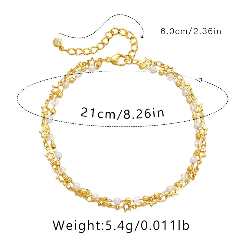 18k Gold Plated Five Pointed Star Double Chain Women Anklets Dreamy Transparent Crystal Beads Anklet with White Beads Jewelry