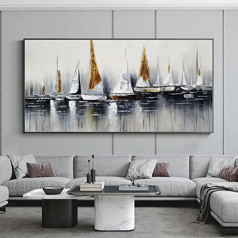 

Handmade Hand Painted Wall Art On Canvas Abstract Horizontal Abstract Ocean Sailboat Landscape Modern Home Decoration