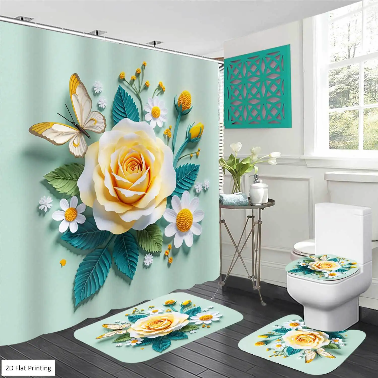 2D Flat, 2D Flat, 4pcs Bohemian Style Rose Daisy Butterfly Green Leaves Shower Curtain Set, Bathroom Set with Shower Curtain And Including Non-Slip, U-Shape And Toilet Lid Cover, Home Bathroom Decor