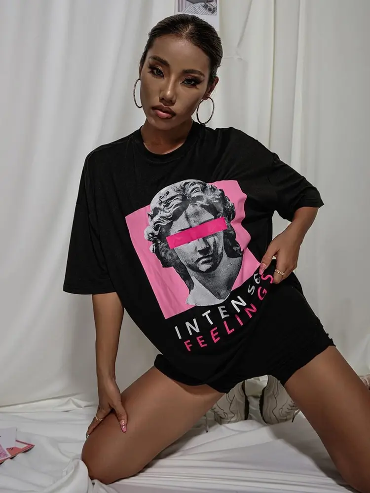 Intensive Gefühle fallen Schulter T-Shirt T-Shirts Frauen lose übergroße Tops Sommer 100% Baumwolle hochwertige Streetwear Hip Hop T-Shirt
