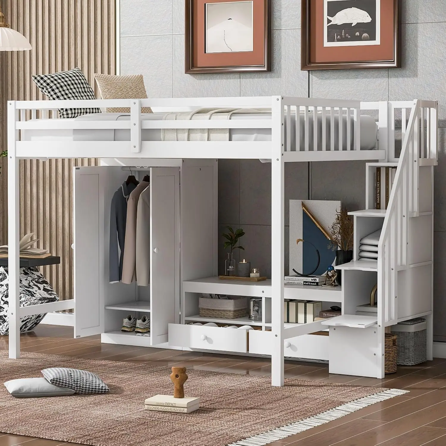 Full Size Loft Bed With Storage Stairs For Kids Boys Girls, Full Loft Bed With 2 Drawers For Teens Juniors, Wooden Loft Bed