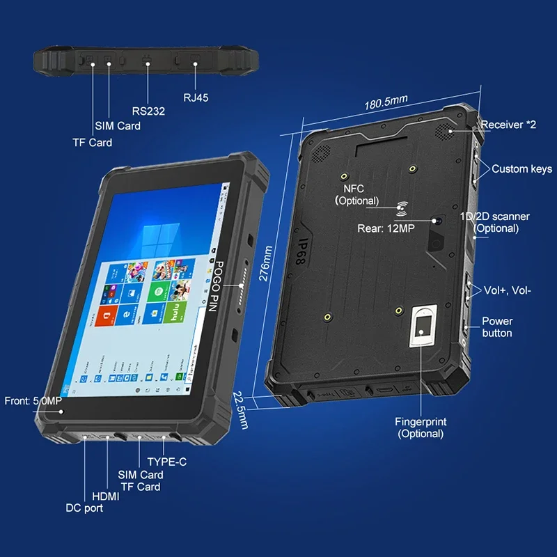 10-Inch Rugged Windows Tablet Intel i7-10510Y 16GB+256GB RJ45 RS232 4G Lte HDMI Barcode Scanner IP68 Waterproof Industrial PC