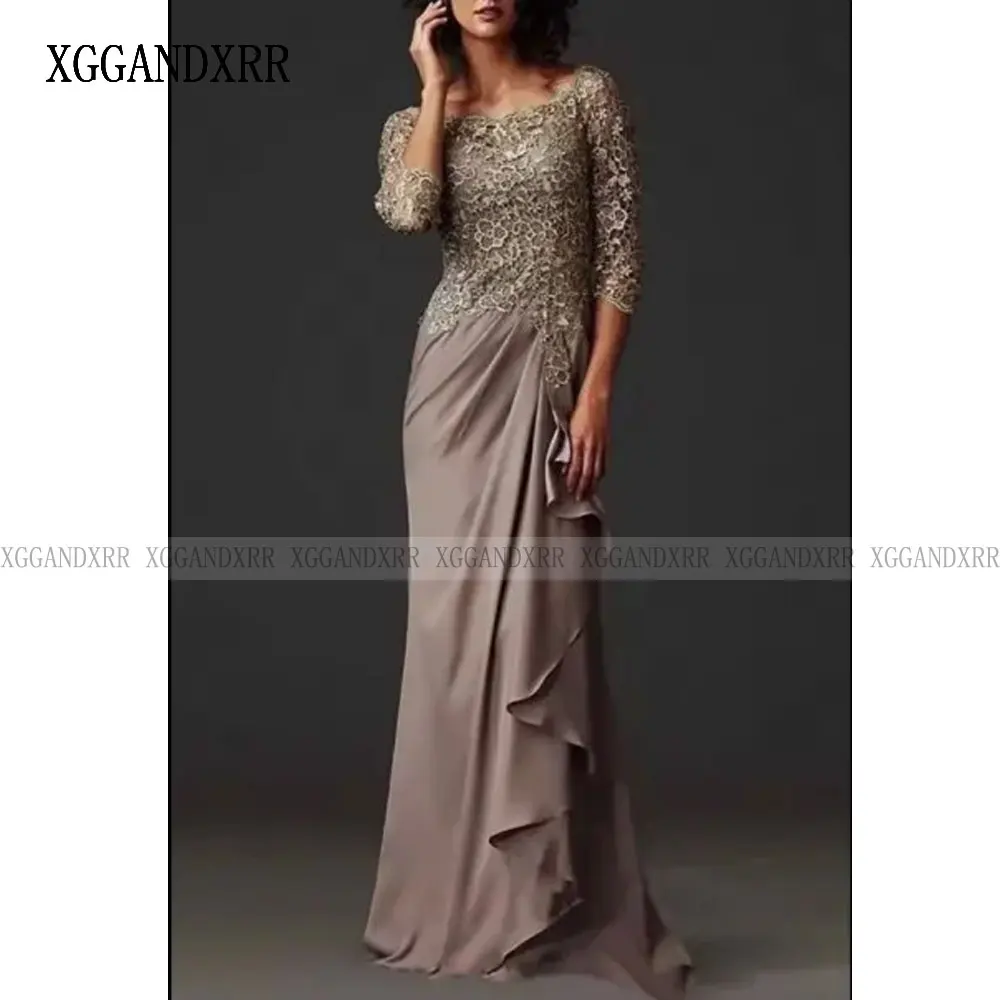 Elegant Scoop Mother of Bride Dress Custom Made Chiffon Evening Dress Women for Wedding Party 3/4 Sleeves Lace Applique