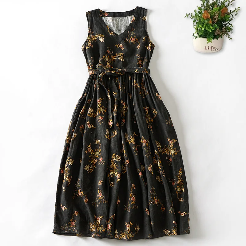 

2024 Summer A Women's Temperament Print Slimming Dress Lady Comfortable Artistic Sundress Korean Style