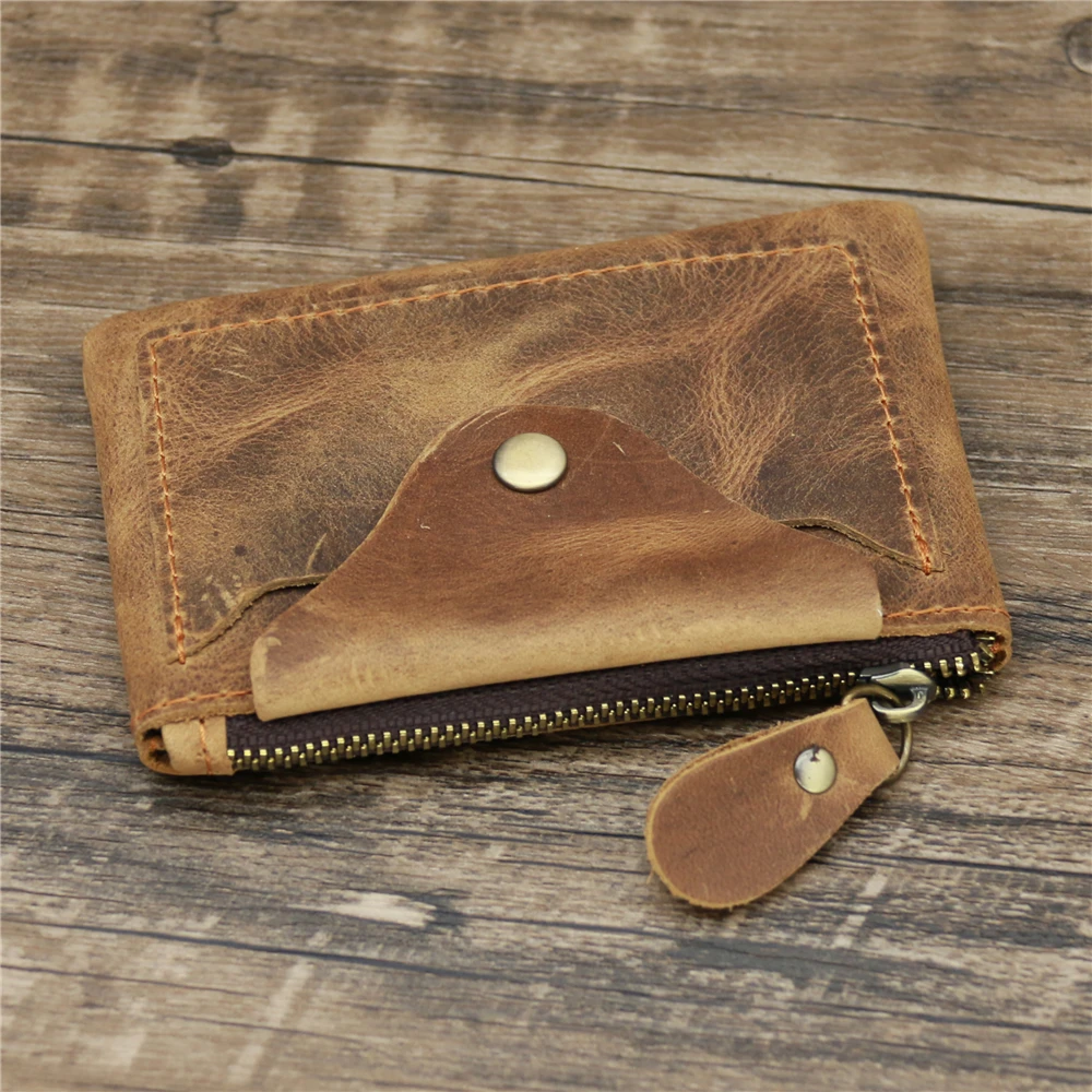 Monedero de cuero genuino Vintage hecho a mano para hombres y mujeres, monedero informal con cremallera, tarjetero, carteras de cuero de vaca