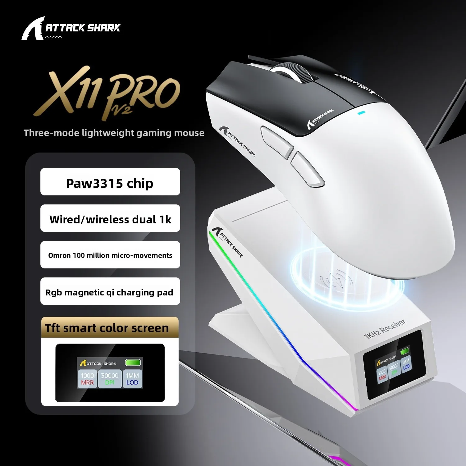 Attack Shark X11 PRO V2 Tri-Mode Gaming Mouse, PAW3315 30000DPI, RGB Magnetic Charging Dock with TFT Color Screen E-Sports Mouse