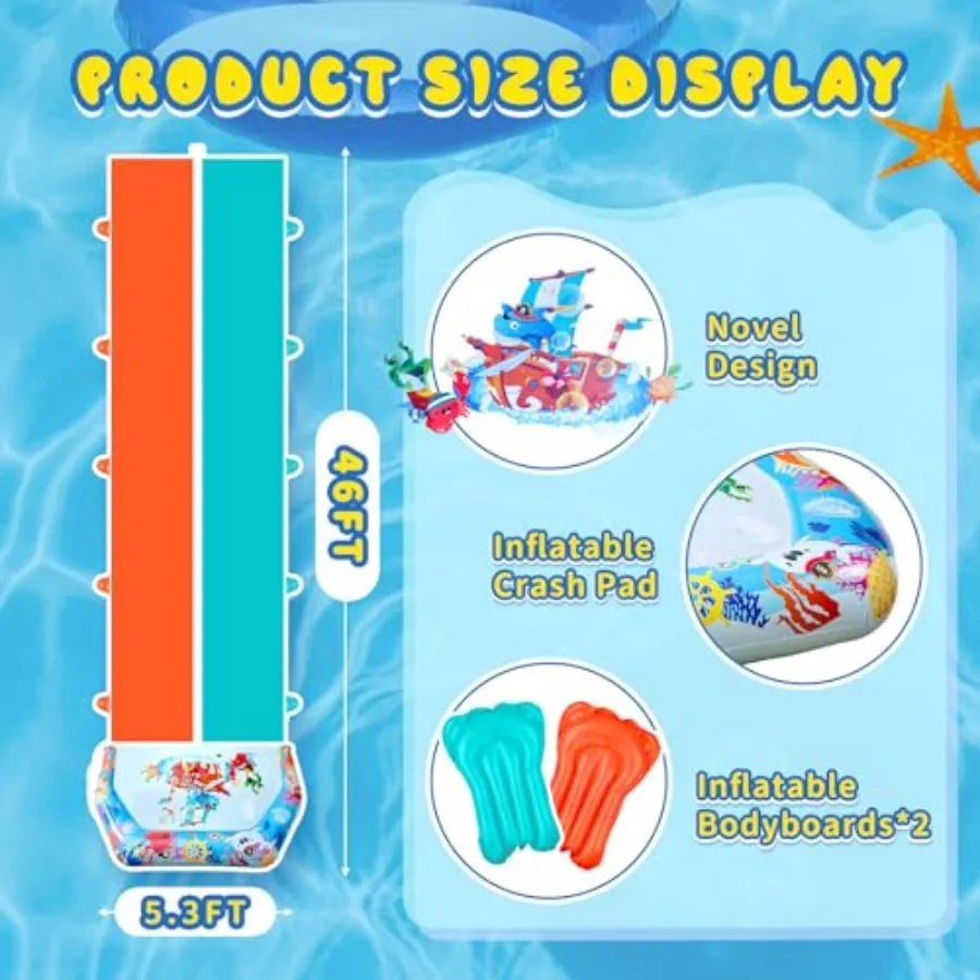 Backyard water slides for kids and adults: heavy-duty inflatable double slip and water slide, 46FT extra-long lawn design with