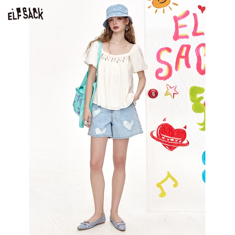 ELFSACK 2025 Summer New Arrivals Square Collar Shirt Shell Bead Bubble Sleeve Top