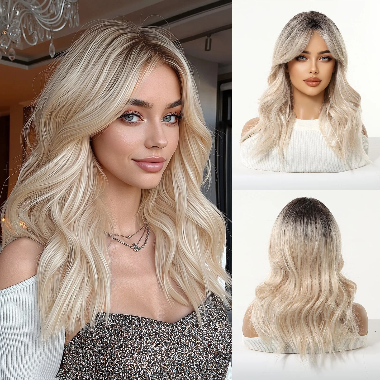 

GEMMA Ombre Blonde Синтетические парики Средней длины Волнистый парик с челкой Мягкие гладкие искусственные волосы Высокая температура Ежедневное использование для вечеринок