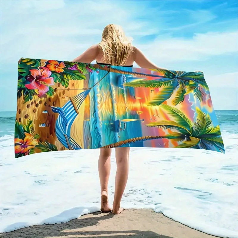 1pc Extra Large Tropical Beach Sunset Print Towel/Soft, Absorbent Quick-Dry Polyester/3 Sizes for Pool, Camping