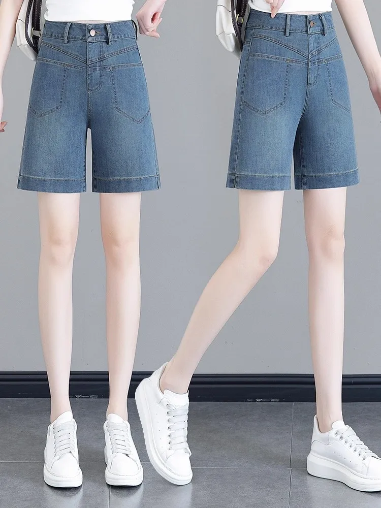 

Женские летние джинсовые шорты с высокой талией, свободного кроя, из тонкого денима, новинка 2025 года, широкие брюки-кюлоты на молнии, повседневные