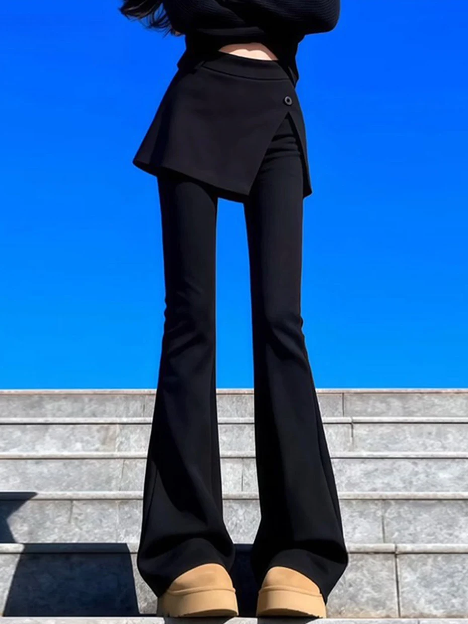 

Черные брюки-клеш для женщин с высокой талией, утягивающие, весенняя новинка, модный корейский стиль, однотонные, для офиса