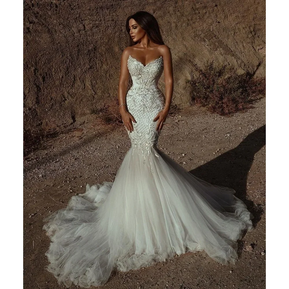 

Luxury V-Neck Sleeveless Wedding Dress with Crystal Beading Elegant Appliques Lace Up Sweep Train Mermaid Gowns Bride Dress