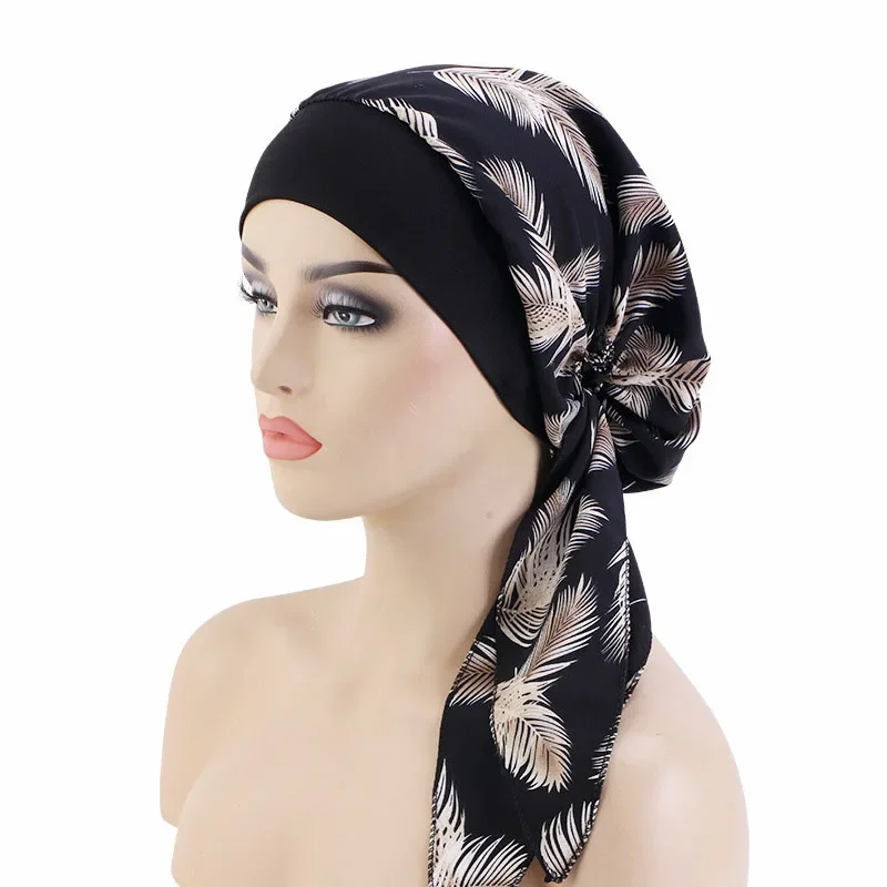 Pre-Tied Women Chemo Inner CapTurban Muslim Hijabs Printed Headscarf Hair Loss Caps Cover Beanies Cancer Femme Hat Headwear Wrap