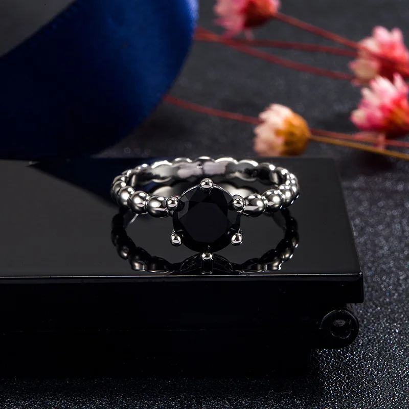 FUIHETYS Women Ring 925 Silver Jewelry Round Shape Obsidian Gemstone Finger Rings for Wedding Engagement Party Gift Accessories