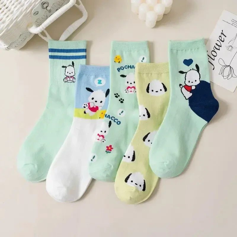 5 Pairs Kawaii Sanrio Pochacco Cartoon Women Mid-Calf Socks Anime Student Comfortable Keep Warm Protecting Feet Toys Girls Gifts