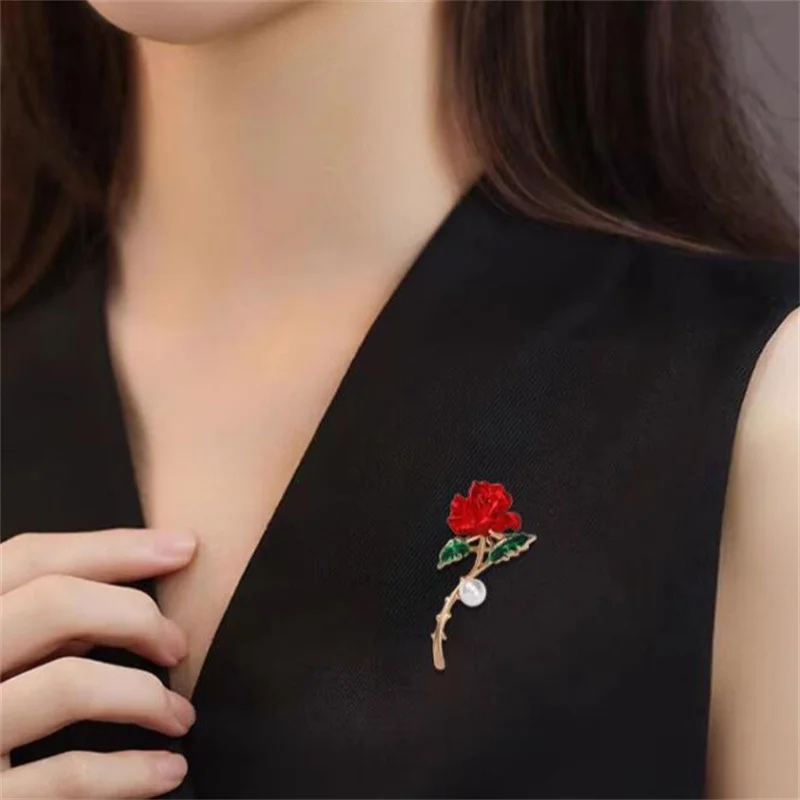 Elegant Temperament Red Rose Pearl Brooch Pins For Women Fashion Enamel Flower Corsage Wedding Party Jewelry Accessories Gift image 3